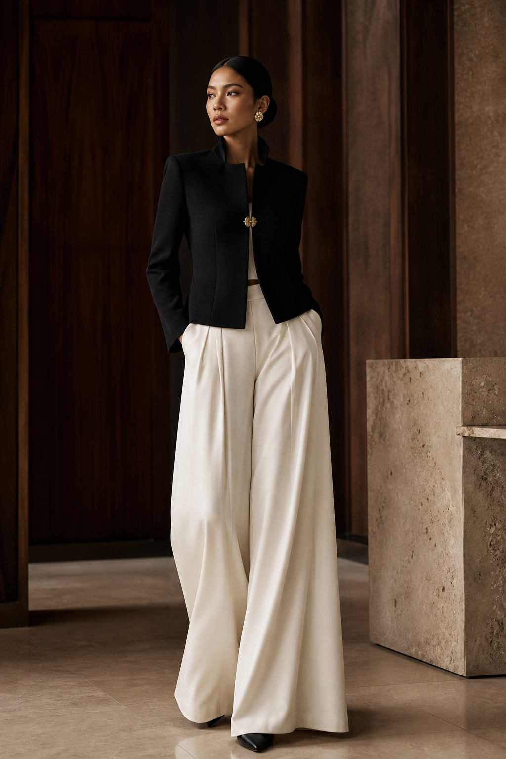 Black jacket and ivory trousers from Modern Heritage