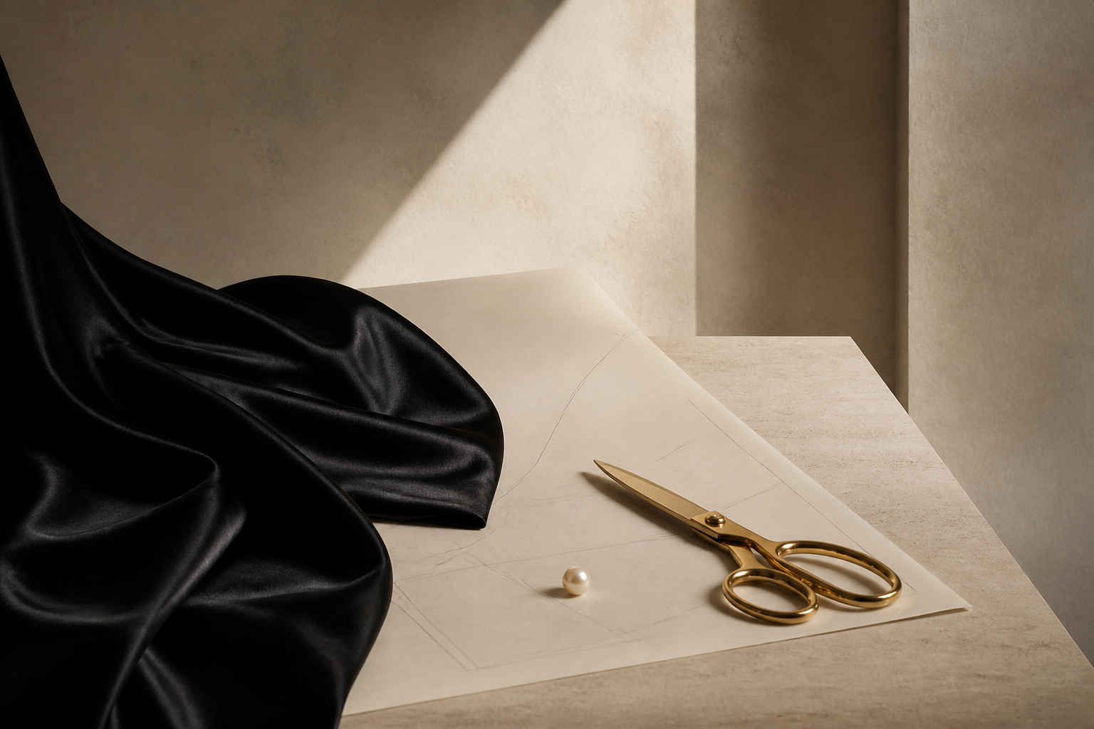 Black silk and gold scissors on a pattern table