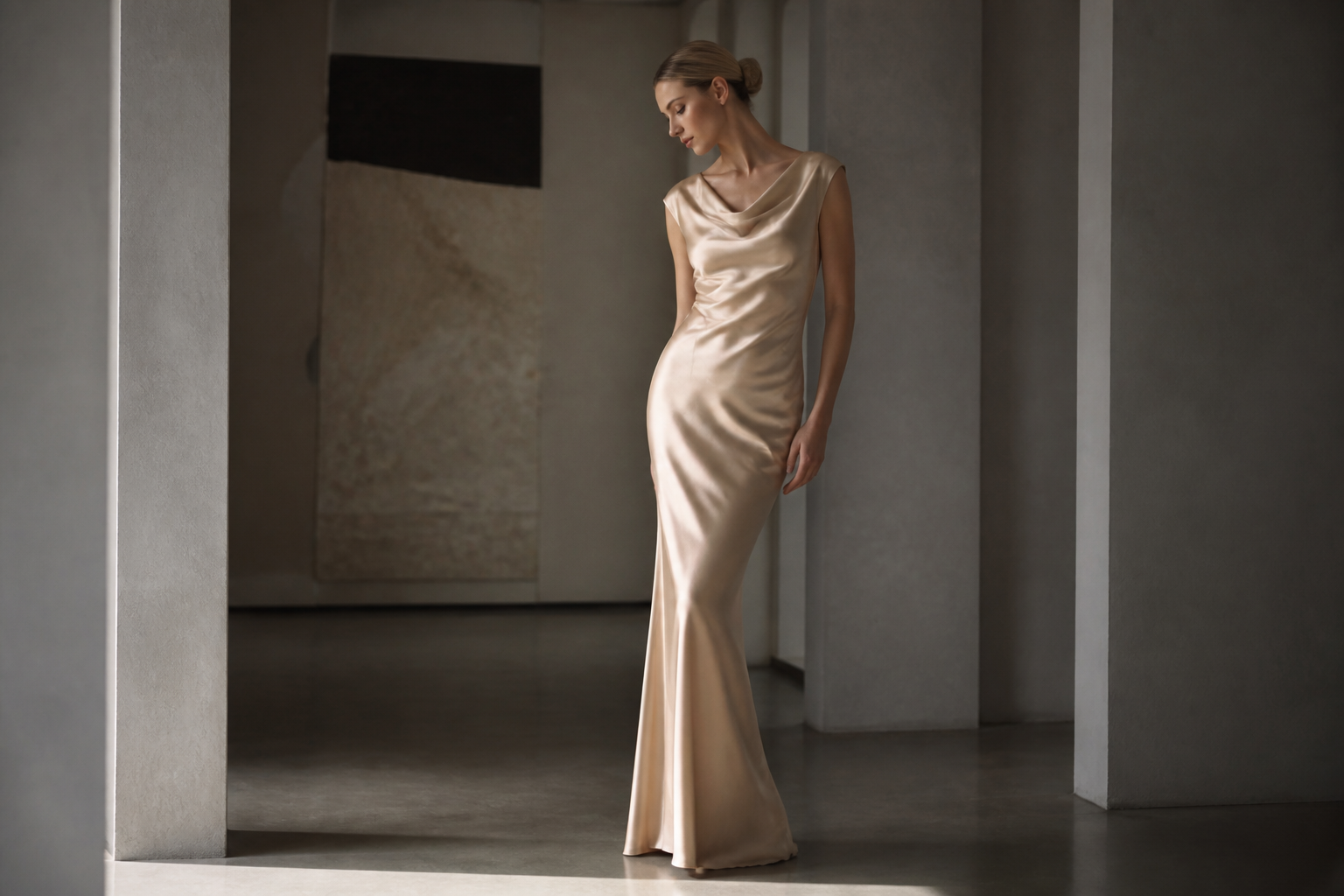 Champagne evening dress in a minimal gallery