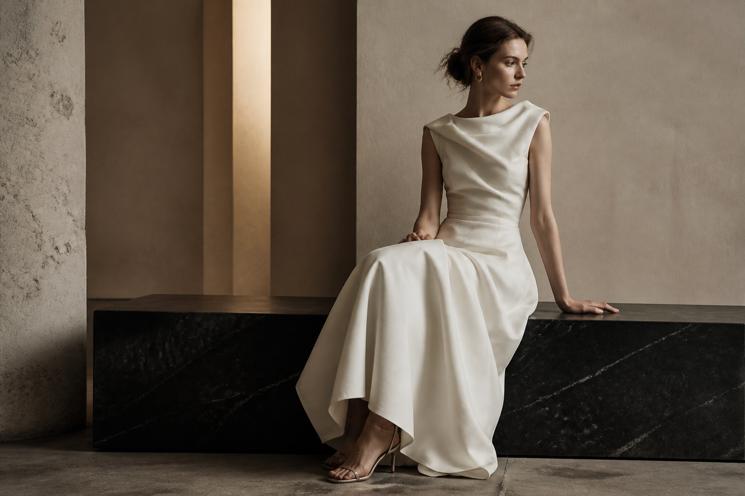 Ivory dress against a black stone plinth