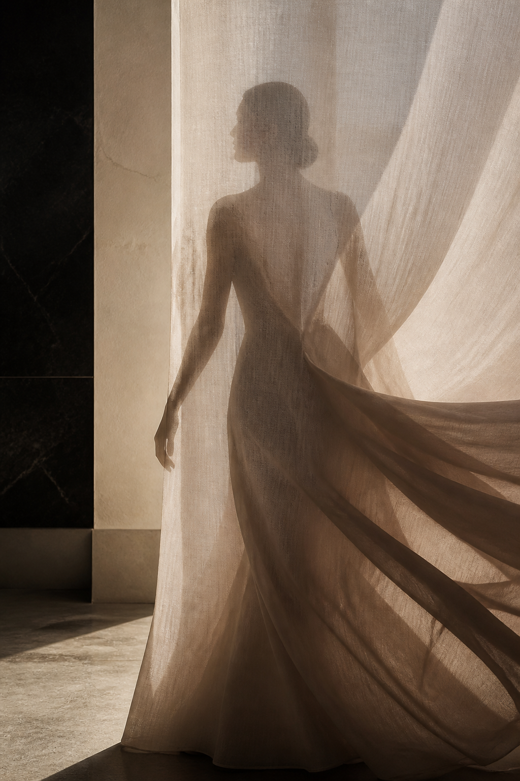 Flowing silhouette behind translucent linen