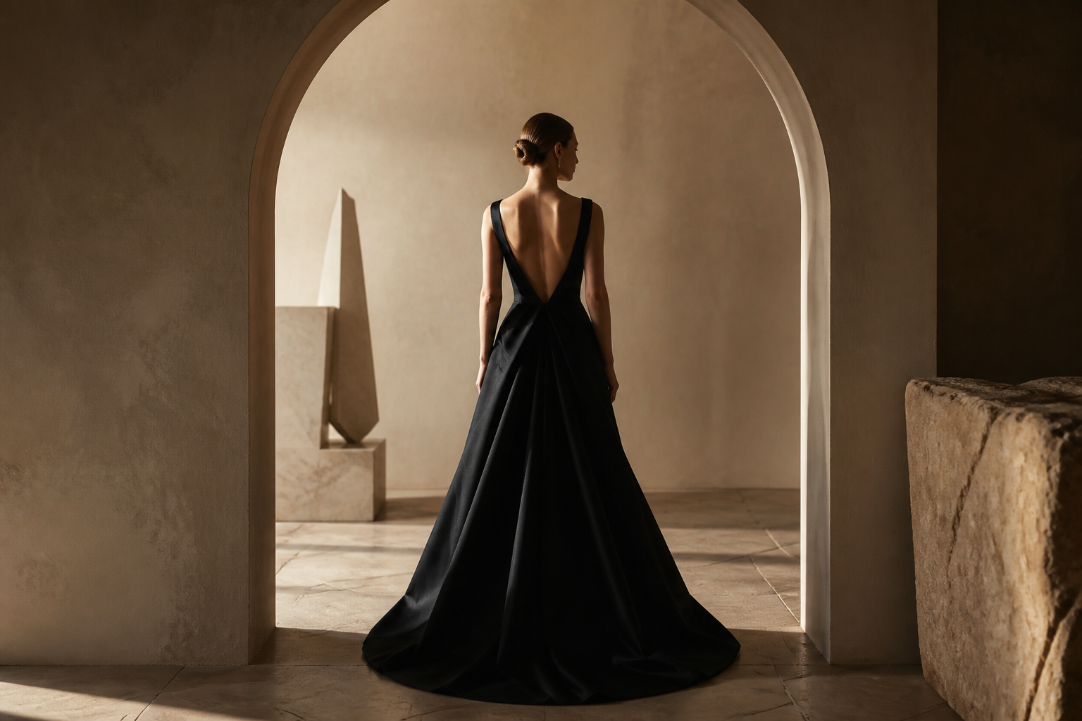 Black gown viewed from behind beneath an arch
